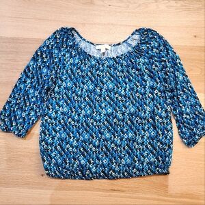 Michael Kors multi-blue small floral print, stretch knit 3/4 sleeve M top